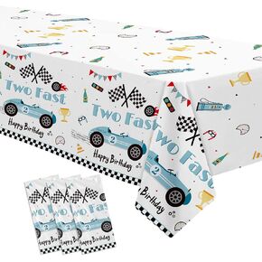 Race Car Two Fast Birthday Decorations Party Tablecloth - Racing Car 2nd Birthday Party Supplies Table Cover, Blue 2 Fast 2 Curious Birthday Decorations Table Cloth | 3 Pack (54in x 108in)