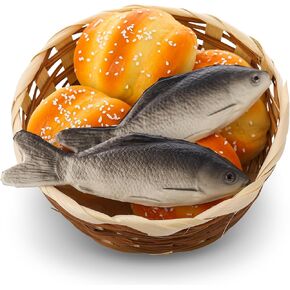 Shappy 8 Pcs Jesus Miracle Loaves and Fish Decorations Include 2 Fake Fish and 5 Fake Artificial Bread with a Basket, Sunday School and Religious Learning Activities