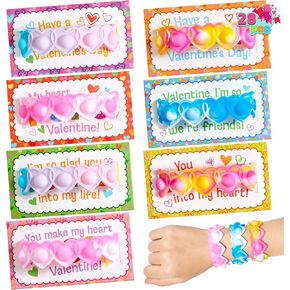 JOYIN 28 PCS Valentines Day Card with Pop Fidget Bracelet, 4 Design Heart Pop Bubble Fidget Toy Bracelet, Wristband Stress Relief Finger Press Toy for Kid Valentine Classroom Exchange Gift Party Favor