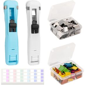 KEYDUACU 2-Pack Handheld Reusable Creative Stapler with Clam Clip Dispenser & 100 Refill Clips (50 Silver + 50 Colorful), Plus 240 Stickers - Ideal for Home, School, Desk, Office （Blue & Beige）