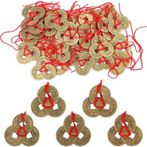CCINEE 40Pcs Chinese Fortune Feng Shui Coins I-Ching Coins Traditional Brass New Year Coins Hanging Pendant Decorations with Red String for New Year Home Health Wealth Success Lucky Decor