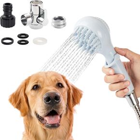Detachable Dog Shower Head. Pet Shower Brush. Stainless Steel Hose, Shampoo Storage, Undercoat Nozzle for Dogs. Suites for 1/4'' Indoor faucet and 3/4'' Outdoor shunt. Excellent Grooming tool.