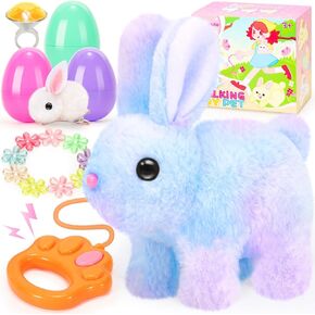 Plush Bunny Easter Toys for Kids,Interactive Bunny with Sounds,Can Walk and Wag Tail with Remote Control Leash,Easter Eggs with Ring,Bracelet,Hairpin,Easter Birthday Gift for Toddlers