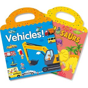 RUSON Reusable Sticker Book for Kids, 2 Sets Educational Learning Toys Travel Stickers Activity Books for Toddler Girls Boys Age 3+ Birthday Gifts - Vehicle & Dinosaur