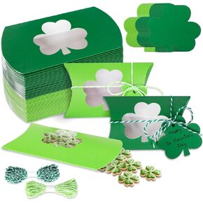 JarThenaAMCS 50Pcs St. Patrick's Day Gift Pillow Boxes with Paper Tags Cotton Rope Green Treat Box with Shamrock Shape Window Paper Gift Container for Irish Holiday Birthday