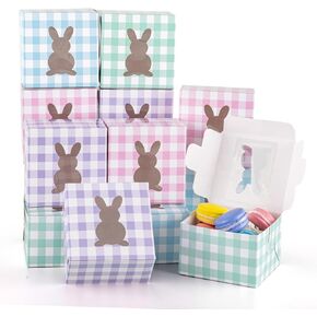 Whaline 24Pcs Easter Treat Boxes with Bunny Window 4 x 4 x 2.6 Inch Colorful Plaids Cupcake Cardboard Box Rabbit Shape Window Cookie Goodie Candy Box Easter Treat Gift Boxes for Holiday Party Favor