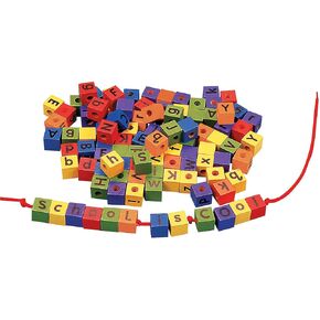 Wonderful Wood Alphabet Lacing Beads, Upper and Lowercase Sides - 104 Pieces and 2 Laces - Classroom Teacher Supplies