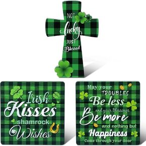 Capoda 3 Pcs St. Patrick's Day Sign Religious Cross Table Centerpiece Irish Kisses Plaque Buffalo Plaid Shamrock Tiered Tray Irish Blessing Christian Tabletop Wooden Lucky Cross Block for Home Kitchen