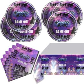 Video Game Party Supplies 20pcs Plates 20pcs Napkins and Tablecover Tableware Set for Purple Games Theme Birthday Party Serve 20
