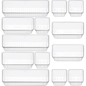 12 Piece Clear Drawer Organizer Set, 3 Sizes Bathroom Vanity Organizer Trays and Storage Bins for Makeup, Cosmetics, Jewelry, and Gadgets. Perfect for Office, Kitchen, Bedroom, Bathroom Use.