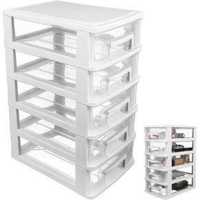 Plastic Drawer Storage, STOBAZA 5-Drawer Storage Unit, Desktop and Countertop Storage Organizer System for Home, Office Bathroom or Dorm, White/Clear