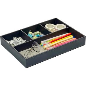 UnionBasic Flat 4-Slot Leather Desk Drawer Tray Stationery Sundries Gadget Organizer Storage Box Pen Pencil Holder Case Container, Elegant Grey