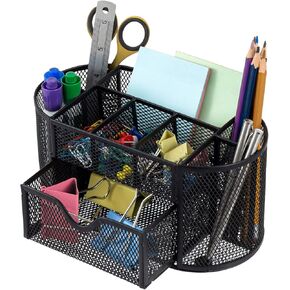 MyGift Metal Wire Mesh Desktop Supplies Organizer Caddy with 8 Compartments and Storage Drawer for Home Office School Dorm (Black))