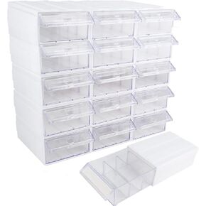 15 PCS Plastic Stackable Storage Arragers ، منظم تخزين الأجزاء الصغيرة ، خزانة التخزين للأدراج و 45 PCS مقسمات واضحة و 45 بطاقة العلامات ، رف متعدد الوظائف للعناصر الصغيرة (15-أبيض)