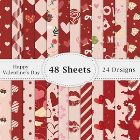 48PCS Valentine's Day Pattern Scrapbook Paper 12X12inch Vintage Heart Love Specialty Craft Paper 24 Styles Decorative Gifts Cardstock Paper Folded Flat DIY Card Making Photo Album Decorations Supplies