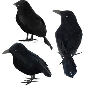 3 Pack Black-Feathered Crows Halloween Decorations Realistic Crows Artificial Handmade Black Feathered Crow Birds Ravens for Halloween Party Outdoor and Indoors Decorations Birds Prop