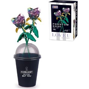 Rose Flower Bouquet Set - Rainbow Building Flower with Coffee Cup Vase Botanical Collection Building Block Rose Valentine's Day for Kids or Adults Compatible with Lego Roses