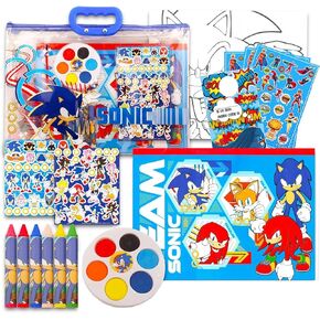 Papartyy Drawing and Painting Set for Boys Bundle with Sonic The Hedgehog Coloring Book, Coloring Utensils, Watercolor Paints, Stickers, and Door Handle | Sonic Crafts for Kids, Blue, sonic-tote1