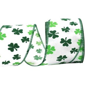 Saint Patrick's Day Fabric Ribbons Green Clovers Edge Wired Burlap Ribbon for St Patrick Day Decor Irish Hanging Wrapping Party Gift Decoration Outdoor Crafts Supplies 2.5 Inch * 10 Yards * 1 Roll