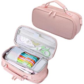 Pencil Case Canvas Pen Pencil Pouch Large Capacity Organizer Multifunctional Pencil Bag with Zipper Compartments (Black-A)