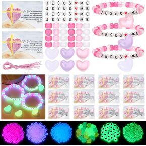 VioraWhite 20 Set Valentine's Day Christian Sunday School Craft Kit Scripture Cards Luminous Jesus Loves Me Beads Heart Pendant Bracelet DIY Craft Church Favors for Wristband Jewelry Making Gifts