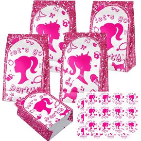 24 Pcs Girls Pink Goodie Bags with Stickers - Pink Themed Birthday Party Favor Bags, Perfect for Girls' Party Supplies and Treat Bags