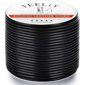 Teeliy Round Leather Cord Genuine Cowhide Leather String Lace Cord, Natural Real Full Grain Cowhide Leather Rope for Jewelry Making, Kumihimo Braiding, Necklaces, Craft Projects (2.0 mm_Black)