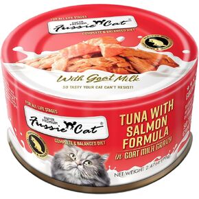 Fussie Cat Super Premium Canned Wet Cat Food in Goat Milk Gravy -2.47 oz Cans - Case of 24 Cans with Can Lid (Tuna & Salmon)