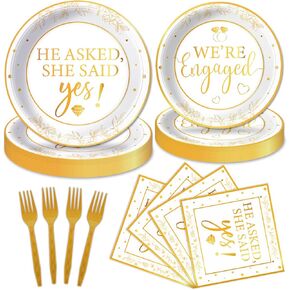 100Pcs Happy Engagement Party Decorations for White Gold Engaged Tableware Set She Said Yes Paper Plates Napkins Forks for 25 Guests Engagement Wedding Disposable Dinnerware Table Party Supplies