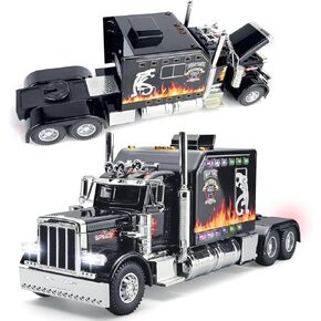 CORPER TOYS Diecast Alloy Pull Back Semi Truck Toys with Sounds and Lights Heavy Truck Toy for Kids Boys Gift for Birthday Christmas (Black)