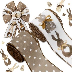 Easter Wired Edge Ribbon Bow Bunny Rabbit Dots Ribbon Brown Decorative Fabric Ribbon for Wreath Bow Making DIY Crafts Wrapping, 2 Rolls, 20 Yard