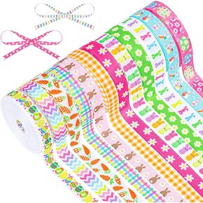 peony man 12 Rolls Easter Grosgrain Ribbons Easter Bunny Egg Carrot Flower Ribbons Colorful Plaid Ribbons for Spring Easter Gift Wrapping Home Decor DIY Craft, 3/8 Inch x 60 Yards