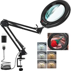 Veemagni 10X 5 Inch Large Magnifying Glass with Light and Clamp, Real Glass Stand Magnifying Desk Lamp, 5 Color Modes Stepless Dimmable, Hands Free LED Lighted Magnifier for Crafts Reading Close Work