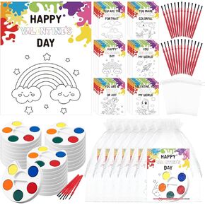 Youdaju 36 Pack Valentines Day Gifts for Kids Valentines Painting Cards Mini Watercolor Kids Paint Set Bulk 5 Color Tray with Paint Brush Organza Bags for Boys Girls Class Exchange Art Party Favor
