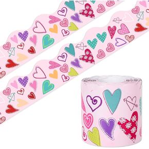 Whaline 65Ft Valentine's Day Bulletin Board Border Love Heart Scalloped Die Cut Border Trim Roll for Home Classroom Party Wall Decoration