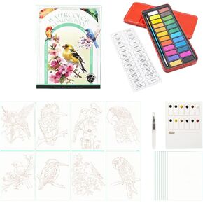 5x7'' Portable Watercolor Coloring Book for Adults DIY Stress Relief Foldable Watercolor Painting Book with 24-Color Solid Watercolor Paint Set Bird Flower Watercolor Painting Pad