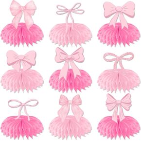 Pink Bow Party Decorations Honeycomb Centerpieces, 9Pcs Bow Coquette Birthday Decorations for Table, 3D Bow Birthday Decorations Coquette Baby Shower Decorations for Bow Birthday Baby Shower