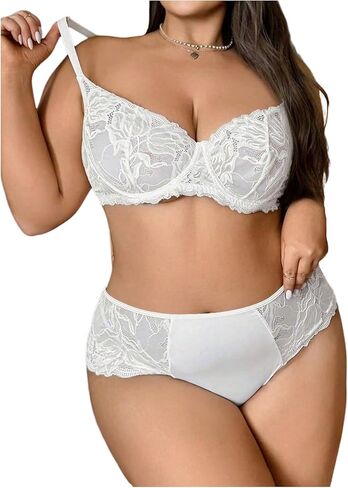 MakeMeChic Women's Plus Size Sheer Lace Sexy Lingerie 2 Piece Underwire Bra and Panty Thong Sets in Saudi Arabia