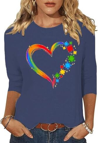 3/4 Sleeve Shirts for Women Autism Accept Understand Love Graphic Shirts Autism Awareness Be Kind Tops Blouse in Saudi Arabia