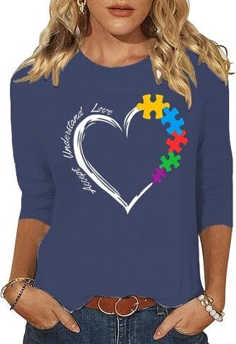 3/4 Sleeve Shirts for Women Autism Accept Understand Love Graphic Shirts Autism Awareness Be Kind Tops Blouse in Saudi Arabia