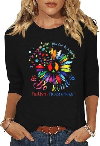 3/4 Sleeve Shirts for Women Autism Accept Understand Love Graphic Shirts Autism Awareness Be Kind Tops Blouse in Kuwait