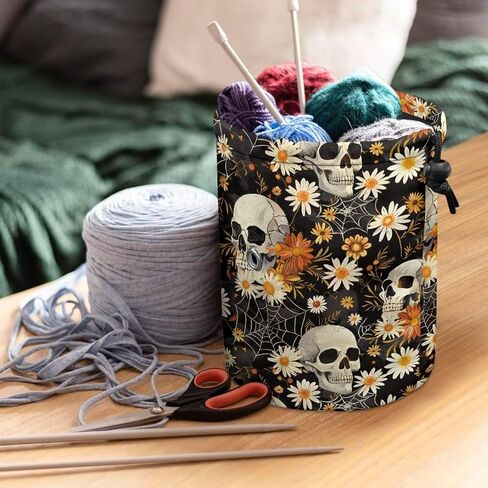حقيبة خيوط Sellikakes Daisy Skull ، Crochet Tote Knitting Bag Yarn Storage Organizer Case for Crochet Hooks Teedles Knitting Kit للمبتدئين in Kuwait
