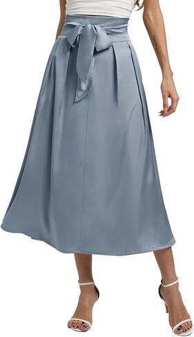 Women's High Waist Midi Skirts A-Line Tie Satin Flowy Pleated Skirt with Pockets in Kuwait