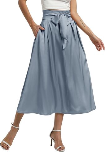 Women's High Waist Midi Skirts A-Line Tie Satin Flowy Pleated Skirt with Pockets in Kuwait