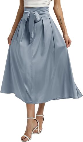 Women's High Waist Midi Skirts A-Line Tie Satin Flowy Pleated Skirt with Pockets in Kuwait
