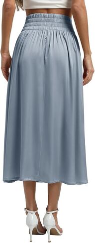Women's High Waist Midi Skirts A-Line Tie Satin Flowy Pleated Skirt with Pockets in Kuwait
