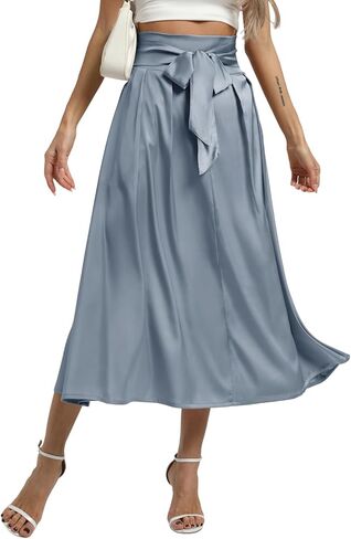 Women's High Waist Midi Skirts A-Line Tie Satin Flowy Pleated Skirt with Pockets in Kuwait