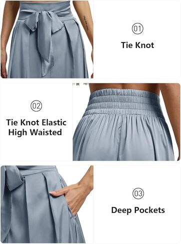 Women's High Waist Midi Skirts A-Line Tie Satin Flowy Pleated Skirt with Pockets in Kuwait