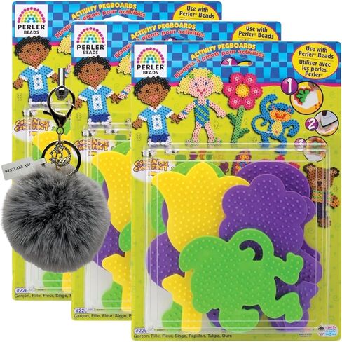 Perler Bead Pegboard (22645) ، Fuse Bead Pegboard | مجمعة مع كرات Pompom Fluffy Keychain Bead Craft Craft مع صبي ، فتاة ، دب ، قرد ، أشكال الفراشة والزهور (حزمة 3) in Kuwait