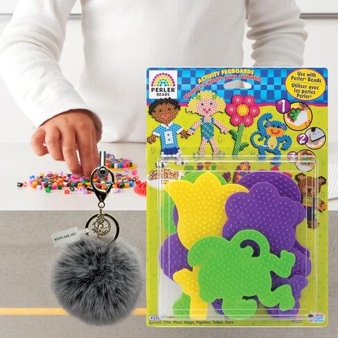 Perler Bead Pegboard (22645) ، Fuse Bead Pegboard | مجمعة مع كرات Pompom Fluffy Keychain Bead Craft Craft مع صبي ، فتاة ، دب ، قرد ، أشكال الفراشة والزهور (حزمة 3) in Kuwait